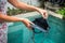 Woman hands opening empty luxury snakeskin python handbag on a swimming pool background