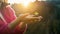 Woman hands planting a seed during sunny day in backyard garden - Girl gardening at sunset in spring time - Focus on plant -