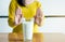 Woman hands refusing a glass of milk,Female having allergy milk,Lactose intolerance concept