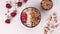 Woman Hands Rotate Coconut Shell Bowl with Fitness Healthy Food