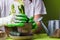 woman hands in rubber gloves take care of pot with hyacinth gardening concept