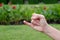 Woman hands showing little finger on green park background
