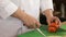 Woman hands slicing tomato in kitchen