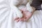 Woman hands touching her dog paws on white sheet on bed. Morning, love for animals concept. Home, indoors and lifestyle