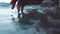 Woman, hands, and touching ocean water at beach, sea and nature earth environment in Italy. Zoom on tourist at peace