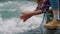 Woman hands touching water in river. Tourist splashing water in air from stream