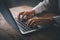 Woman hands typing on laptop keyboard closeup ,  student girl using laptop at home, online learning, internet marketing, working