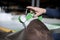 Woman hands use Leather thickness gauge on with a natural brown leather. Preparing of the raw materials for manufacture