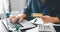 Woman hands of using online virtual app on mobile phone. Millennial guy chatting on smartphone, using banking services, reading