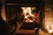 Woman hands warming up at cozy fireplace in dark evening room, close up. Fireplace heating in house, electricity blackout.