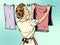 Woman hangs clothes after washing housewife