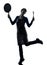 Woman happy cooking holding frying pan silhouette