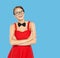 Woman happy in funny vintage glasses and bow tie o