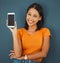 Woman, happy portrait and phone screen mockup for advertising website, network or contact on internet. Face of person