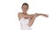 Woman happy smiling woman stretching arms while walking on white background.