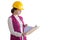 Woman in hardhat with clipboard, isolated