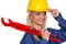 Woman With Hardhat and Pipe Wrench