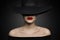 Woman Hat Lips and Shoulder, Elegant Fashion Model in Black Hat