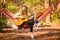 Woman in hat play guitar and relaxing in hammock in middle of forest. Slow life concept.