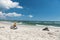 woman in a hat sits on a stone on the shore, looking at the ocean. Concept image of relaxing by the sea, bright sky, white clouds