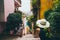 Woman with a hat sitting in a Guanajuato alley enjoying the view