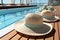 Woman hat and sunblock on a stylish wooden deck, best summer image