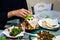 Woman having Arabic food in a restaurant