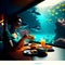 Woman having breakfast in an underwater restaurant