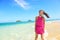 Woman having fun portrait on Hawaii Lanikai beach