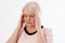 Woman head pain close up, middle age woman migraine portrait close up