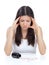 Woman with headache look on pills medicine tablets