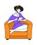 Woman with headphones. Cartoon female listening to music or podcast. Isolated character sitting in armchair with laptop