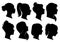 Woman heads in profile. Beautiful female faces profiles, black silhouette outline avatars, anonymous portraits with