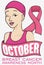 Woman with Headscarf and Ribbon Promoting Breast Cancer Awareness Month, Vector Illustration