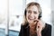 Woman with headset, callcenter and laugh in portrait, contact us with communication and CRM with mockup space. Customer