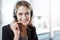 Woman with headset, callcenter and smile in portrait, phone call with communication and CRM with mockup space. Customer