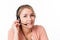 Woman with headset for welcoming business call center