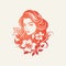 Woman Headshot with Curly Hair and Floral Elements: Vector Logo Design for Women\\\'s Fashion Clothing