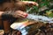 Woman heaving fun with hosepipe splashing water