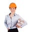 Woman in a helmet with construction plans