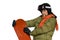 Woman with helmet holding orange snowboard