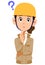 Woman in helmet wearing beige workwear having doubts