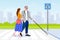 Woman helps blind man cross road. Taking care of disability people. Vector illustration. Social support concept