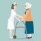 Woman helps elderly patient with a walker
