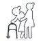 Woman helps elderly woman patient with walker, simple line icon