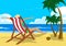 Woman with her arms wide open sitting in deck chair on the tropical beach with palm trees looking into the distance