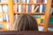 Woman with her back sitting in an armchair with a large bookcase full of books in front of her.