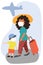 The woman and her child taking mask   traveling by plane illustration