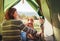 Woman with her pet beagle dog resting in camping tent.. People in outdoor concept image