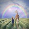 Woman And Her Pet Giraffe in Daffodil Field 